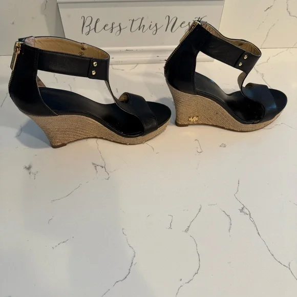Michael Kors Leather T-Strap Zip Up Wedge Espadrille Black Sandals Women’s 7 GUC - Picture 2 of 11